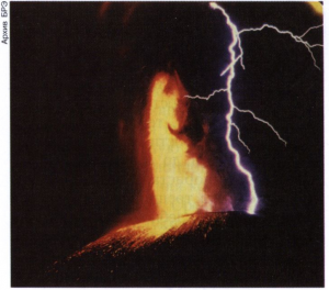 Молния и пеплогазовая струя при извержении вулкана Толбачик (Камчатка).